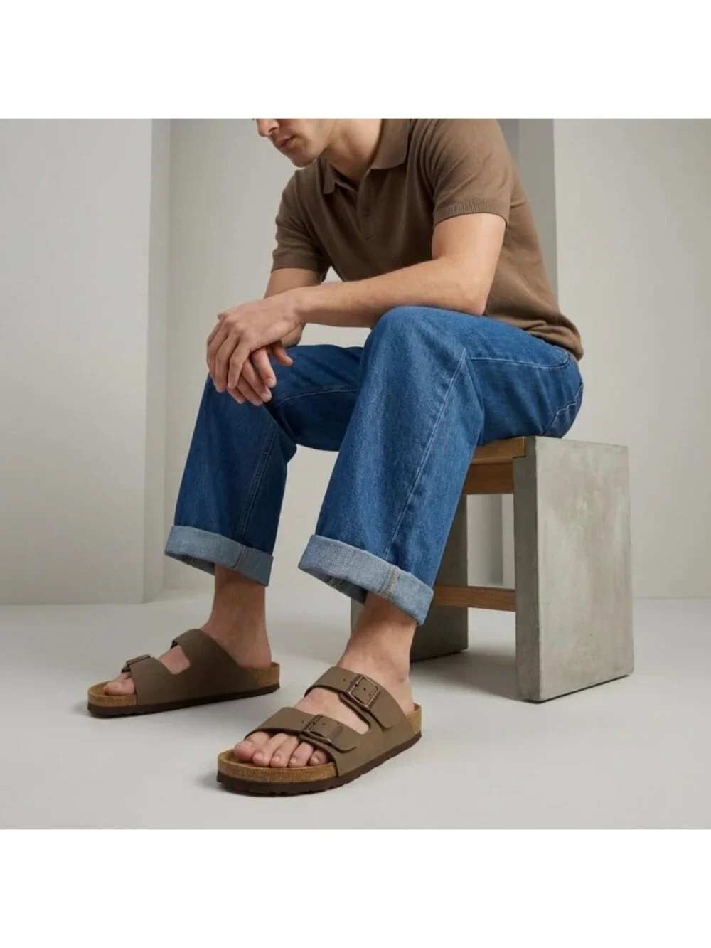 Men's Brown Lane Cork Footbed Sandals Adjustable Buckle Comfort Slides